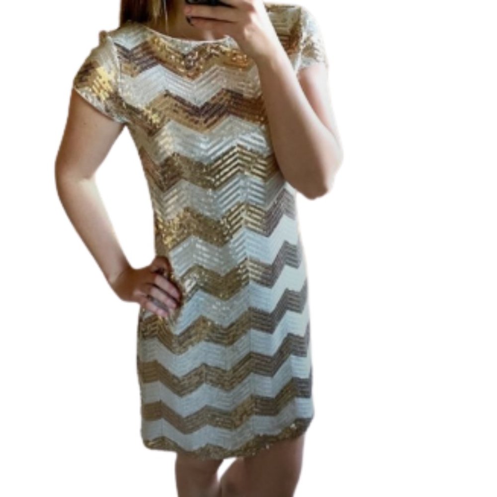 White House Black Market Sequin Dress Gold and Silver Chevron Zig Women’s Medium - Picture 1 of 13